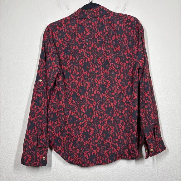 MICHAEL Michael Kors Medium Full Zip Shirt Crimson Black Floral Roll Tab Sleeves - Picture 3 of 11